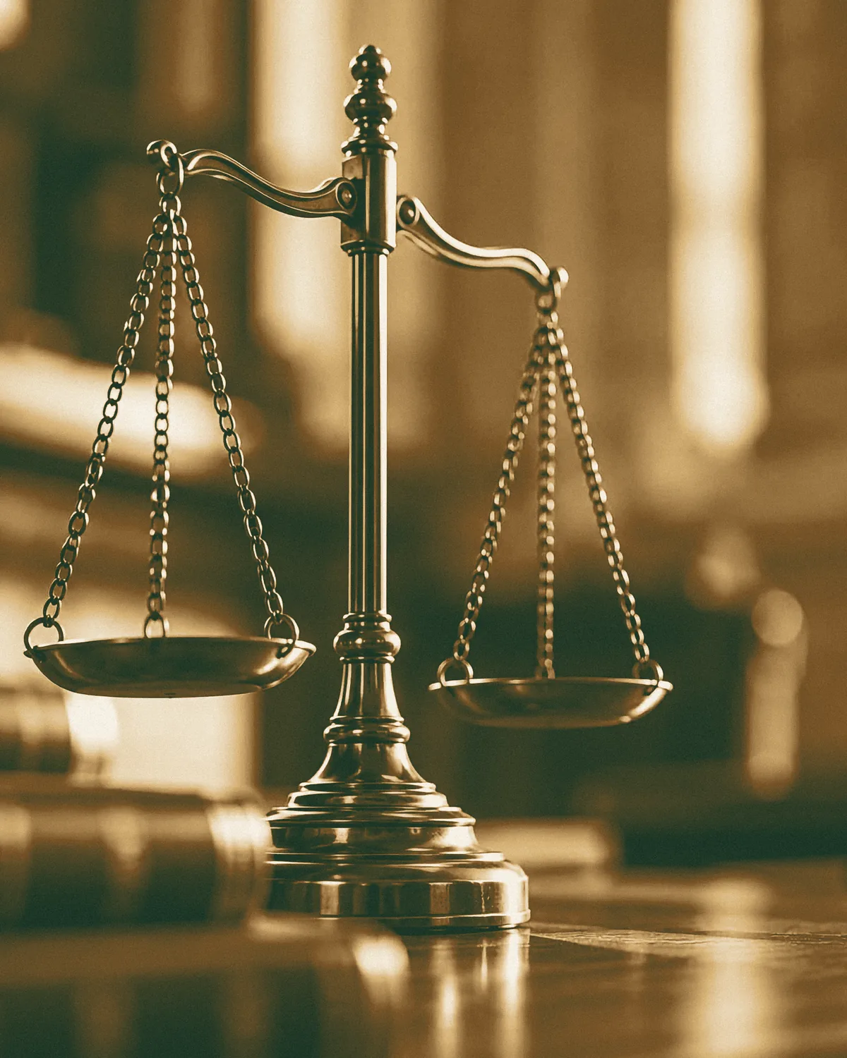 Une balance de la justice en laiton sur un bureau