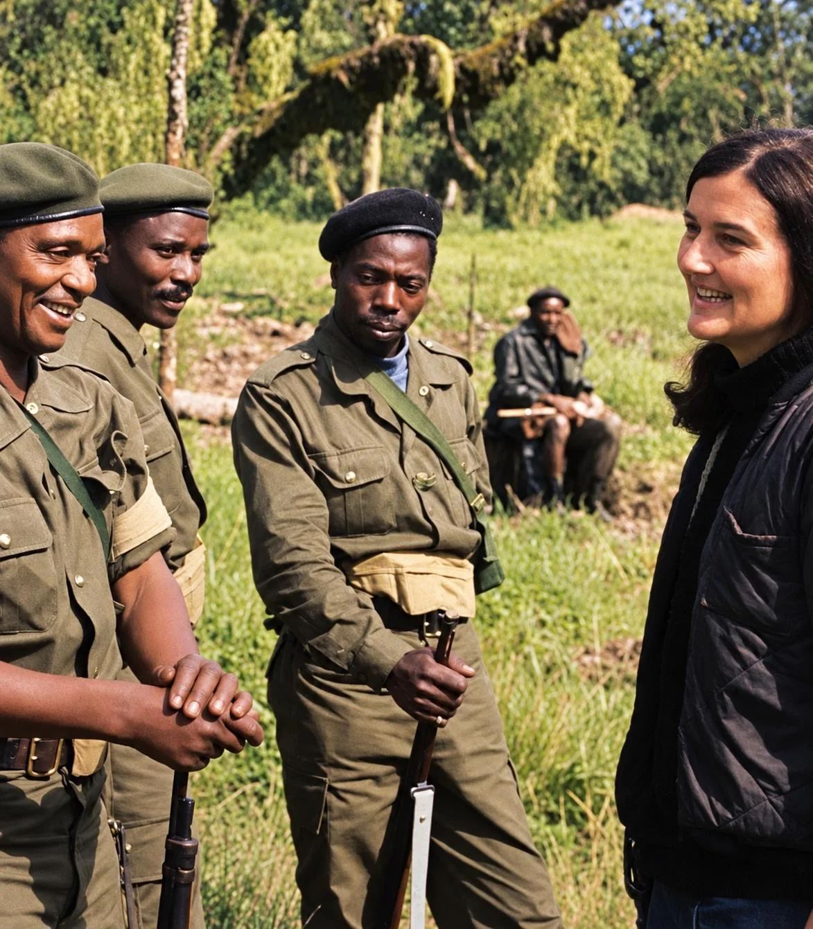 Dian Fossey souriante face à des gardes du parc en uniforme