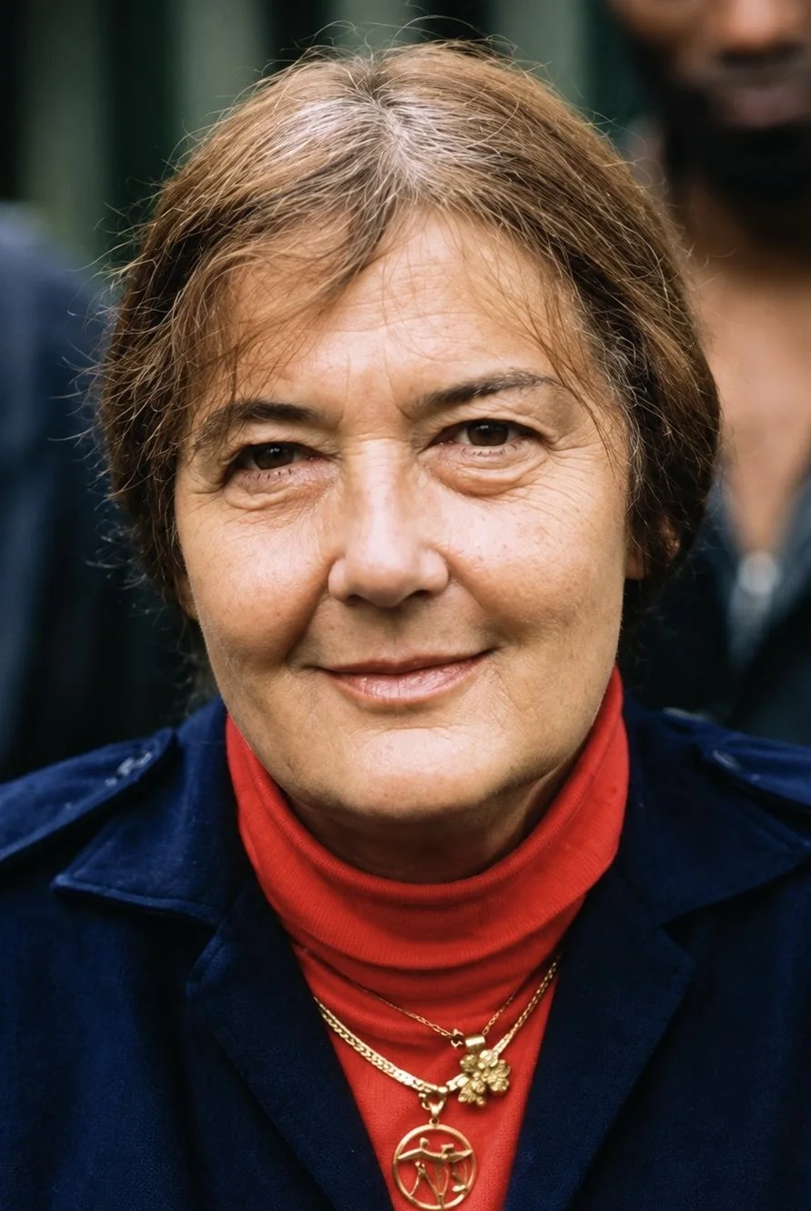 Portrait de Dian Fossey souriante, en col roulé rouge et veste bleu marine